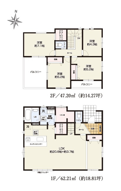TERRACE　ひたちなか市津田東　1期 　1の間取り|　
☆広々LDKは明るく開放的。間仕切りも可能です。家族の気配が感じられて安心できるリビング階段。洗面室隣りにリネン庫、WICなど大容量の収納スペースがあります。