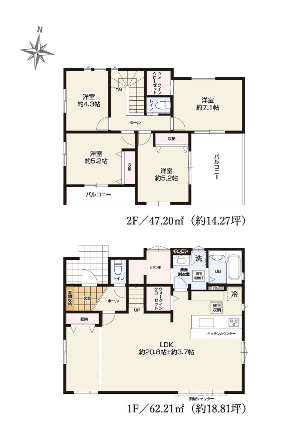 TERRACE　ひたちなか市津田東　1期 　2の間取り|　
☆広々LDKは明るく開放的。間仕切りも可能です。家族の気配が感じられて安心できるリビング階段。洗面室隣りにリネン庫、WICなど大容量の収納スペースがあります。