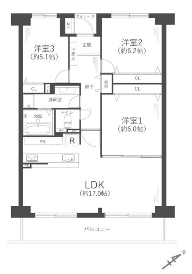 【間取り】 | クロスティ八尾南壱番館 | ゆったり3LDK！室内水廻り設備一新！建具新調、全面リフォーム済み☆安心のアフターサービス保証付き☆浄水器・バス追炊機能・浴室乾燥機完備☆照明器具付きです☆