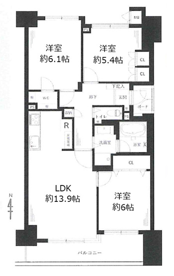 【間取り】 | シルフィード松原 | 【全洋室3LDK＋南向きバルコニー☆】室内水廻り設備一新！全面リフォーム済み☆安心のアフターサービス保証付き☆床暖房・バス追炊機能・浴室乾燥機完備☆照明器具付き☆各居室収納完備です♪
