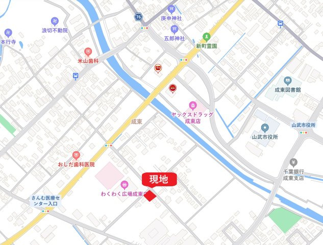 【北東・北西角地】山武市成東新築戸建の地図