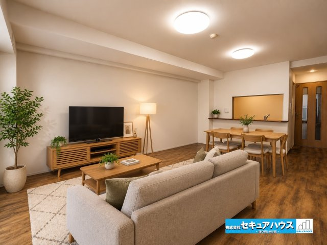 シティオ岩崎台の居間・リビング|【家具を配置したイメージ図】
◆ダイニングテーブルやソファを置くことのできるスペースが充分にございます。好きなテイストの家具を選ぶことができるシンプルなデザインのリビングです。　　　　　　　　　　　　