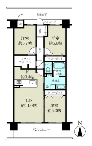 アルファステイツ一条の間取り|明るく風通しの良い居住環境を実現した4階部分の南向き3LDKタイプ。玄関先にはプライバシーにも配慮したアルコープが設けられています。