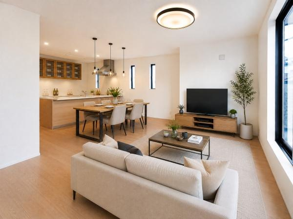 川崎市中原区小杉陣屋町１丁目の新築一戸建の居間・リビング|自慢したくなるリビング！
形も良く家具の配置にも困りません。
※家具等はＣＧでの参考レイアウトです。