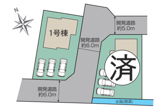 【区画図】 | 甲府市宮原 オール電化新築 全2棟 1号棟 南東角 車並3台 | 1号棟区画図　南東角地で陽当良好