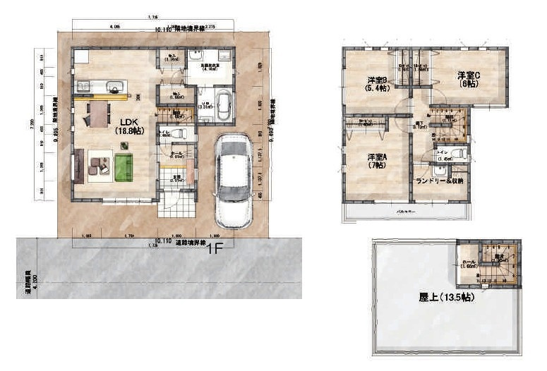 所沢市和ケ原1丁目・全1棟　新築一戸建　～LDK18.8帖～の間取り|広々LDK18.8帖、全居室2面採光の3LDK！