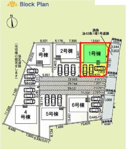 新築　伊勢崎市豊城町第２　クレイドルガーデン　１号棟の区画図|1号棟　区画図　東側接道幅員約4.6ｍ			
	
