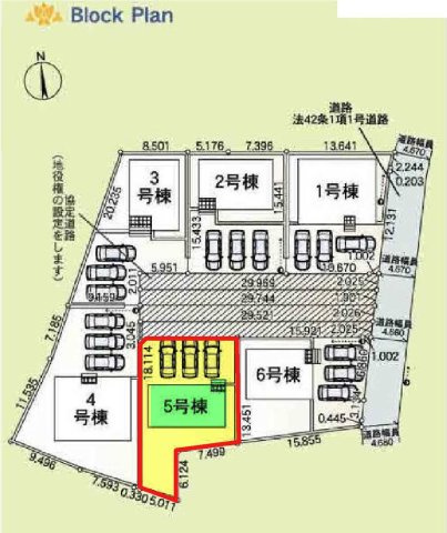 新築　伊勢崎市豊城町第２　クレイドルガーデン　5号棟の区画図|5号棟　区画図　東側接道幅員約4.6ｍ			
	
