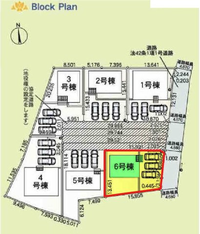 新築　伊勢崎市豊城町第２　クレイドルガーデン　6号棟の区画図|6号棟　区画図　東側接道幅員約4.6ｍ			
	
