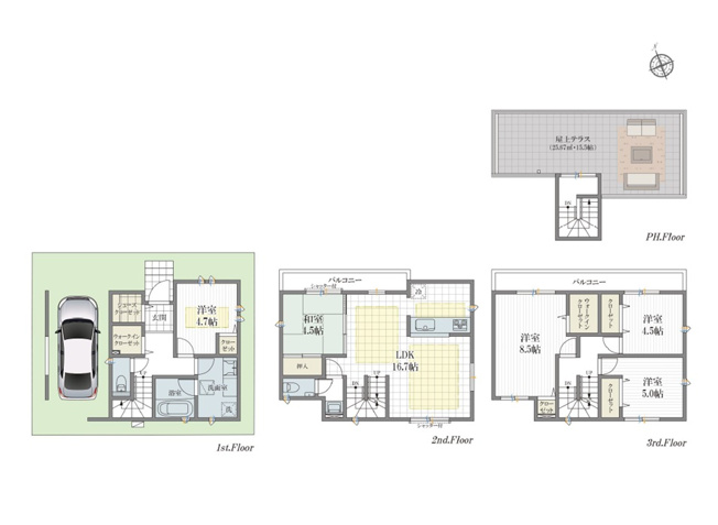 【間取り】 | 新座市野火止8丁目　新築一戸建住宅　全1棟　(志木本店) | 家族の時間も、一人の時間も大切にできる5LDK＋屋上テラスを備えたゆとりの住まい。
16.7帖のLDKに加え、和室や屋上テラスを備え、お子さまの遊び場やBBQなど、多彩な楽しみ方が広がります。
