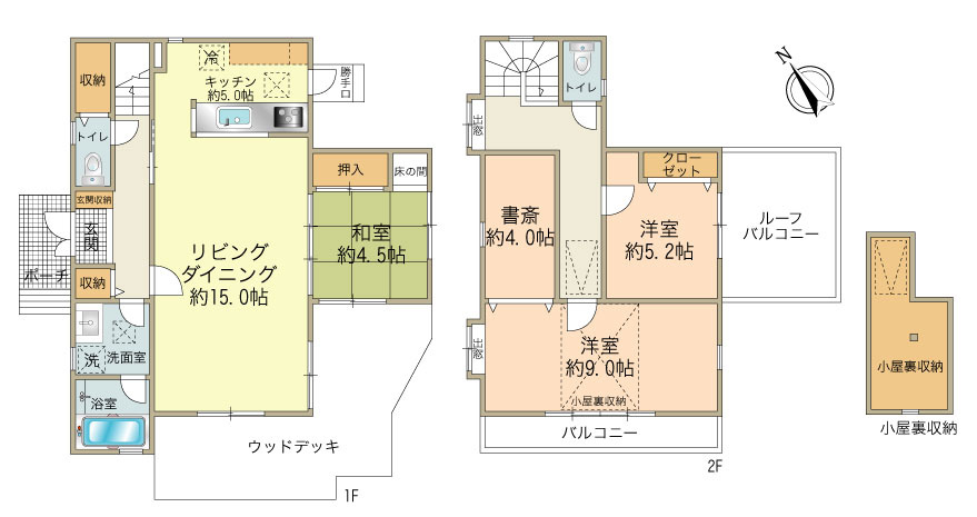 建物面積：103.50㎡（1F：61.27㎡/2F：42.23㎡）
間取：3SLDK　2面バルコニーにより洗濯物が多いファミリーにも安心です♪