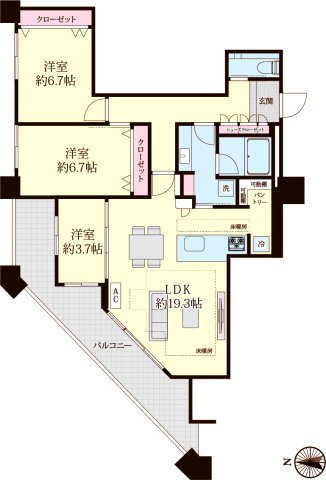 ディアマークスキャピタルタワーの間取り|専有面積85.75㎡の3LDK 廊下とキッチンの2箇所から洗面所に出入り可能な家事動線を考えた間取りです