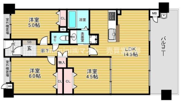 クレアシティ阿倍野の間取り|◆3LDK、価格5,298万円、専有面積66.11㎡、バルコニー面積19.44㎡

