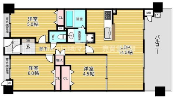 クレアシティ阿倍野の間取り|◆3LDK、価格4890万円、専有面積66.11㎡、バルコニー面積19.44㎡

