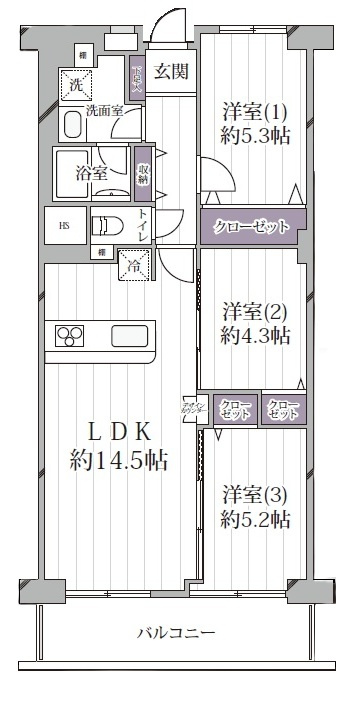北本ハイデンス１号棟　の居間・リビング|【LDK：14.5帖】白が基調の明るく清潔感のあるリビング空間です。LDK・隣の洋室（5.2帖）はバルコニーに面しており、南向きの自然光を取り入れ、可動式ドアを開けることで開放的な空間になります。