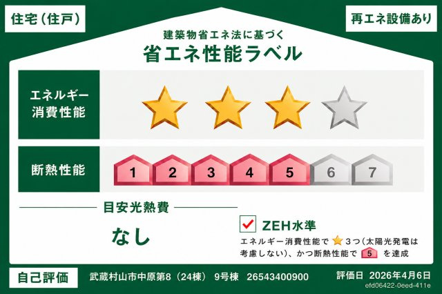 武蔵村山市中原4丁目　新築戸建全24棟の省エネ性能ラベル|ZEH水準の省エネ住宅！太陽光発電設備搭載で、家計にも環境にもやさしい暮らし♪