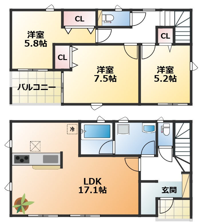 CRADLEGARDEN小山市千駄塚第2の間取り|全室南向きで陽当たりの良い間取りです