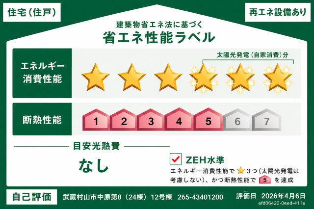 武蔵村山市中原4丁目　新築戸建全24棟の省エネ性能ラベル|ZEH水準の省エネ住宅！太陽光発電設備搭載で、家計にも環境にもやさしい暮らし。
