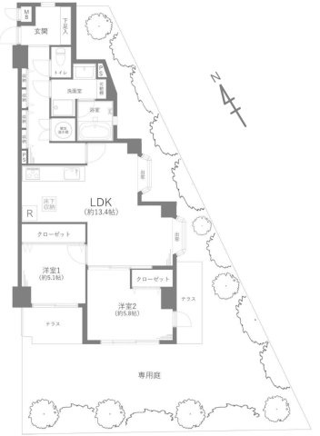 ライオンズマンション竹の塚第３の間取り|2LDK 専有面積66.46m2 テラス面積7.86m2専用庭面積73.32ｍ2