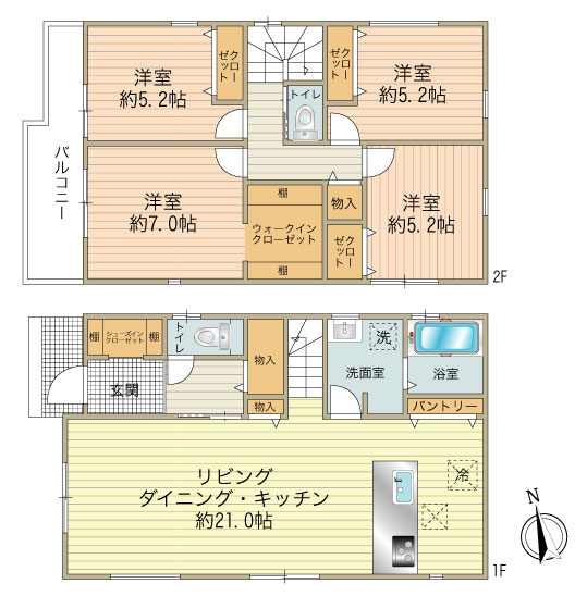 4LDK、土地面積：142.10㎡、建物面積：109.30㎡、4990万円（3号棟）