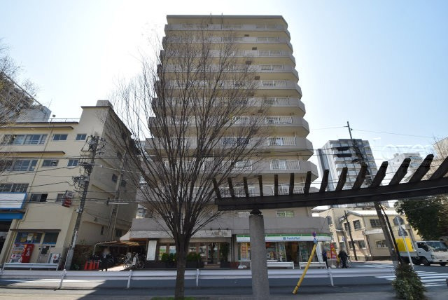 【現況写真】 | ドルミ錦糸町長谷川ビル | 青空によく映える建物です。手入れの行き届いた外壁やマンション正面エントランスなど、綺麗な姿をぜひ一度、現地にてご覧ください。～即日のご見学可能～　お問合せはお気軽にどうぞ。