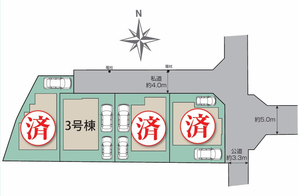 【仲介手数料無料】東村山市西武園多摩湖町　新築戸建　全4棟　3号棟の区画図