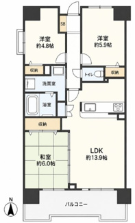 【間取り】 | 前面建物なく、南向きバルコニーに面した８階部分