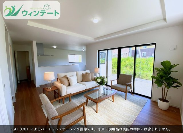 土浦市上高津2期　新築戸建て　3号棟の居間・リビング|折り上げ天井が空間に立体感を演出。明るく落ち着いた雰囲気のリビングで、家族の時間をゆったり楽しめます。