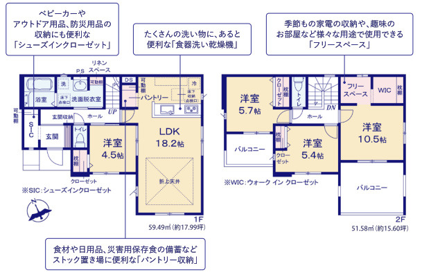 土浦市木田余西台3期　新築戸建の間取り|対面キッチンからリビング全体を見渡せる設計。お子様を見守りながら安心して家事ができます。