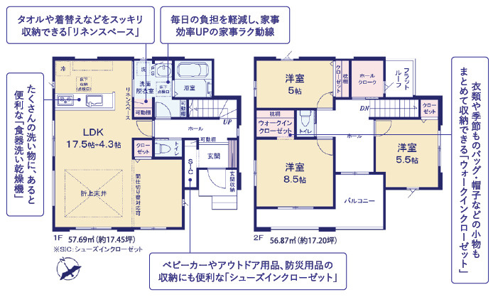 土浦市小松9期　新築戸建の間取り|洗濯から収納までの流れがスムーズ。共働きの負担を軽減する実用的な設計。