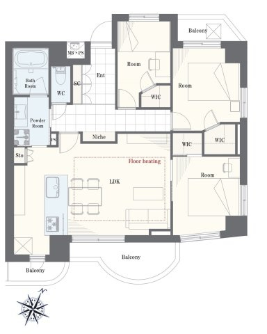 ロワール北千住の間取り|3LDK 専有面積77.13m2 バルコニー面積8.8m2
全居室に大容量WICを完備！さらに希少な「平置き駐車場専用使用権付き」で、快適さと利便性を兼ね備えた住まいです。
