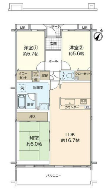 久岐の浜シーサイドファイラム２１　５街区４号棟の間取り|開放感あふれる3LDKです。