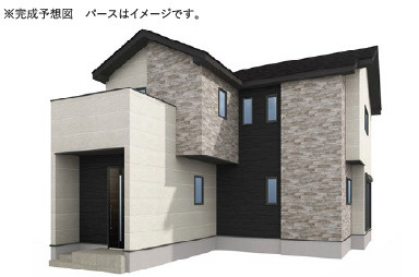 守谷市みずき野5期　新築戸建の外観パース|落ち着いた色合いと直線的なフォルムが特徴のデザイン住宅。シンプルながらも高級感のある外観です♪