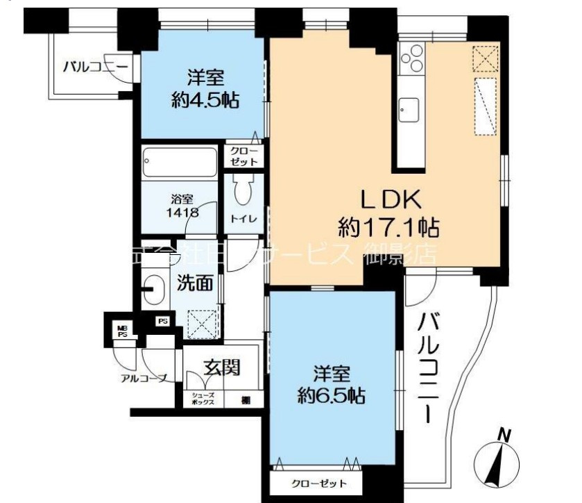 ワコーレ御影郡家の間取り|家族が集まるリビングは約17.1帖の大空間。主寝室に最適な6.5帖の洋室と、書斎や子供部屋に便利な4.5帖の洋室があり、多様なライフスタイルに対応します。水回りが集中した無駄のないスマートな配置です。