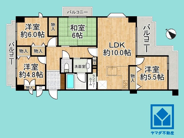 ライオンズマンション仁川の間取り|4LDK、専有面積75.26平米、バルコニー面積19.96平米、4階建て最上階の三方角住戸。2014年3月リフォーム履歴あり。