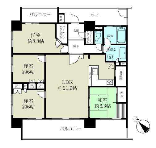 グランシアタワー狭山の間取り|価格2,980万円、4LDK、専有面積105.65㎡、バルコニー面積25.81㎡、3面採光で独立性が高く、全部屋収納付きのお部屋です！