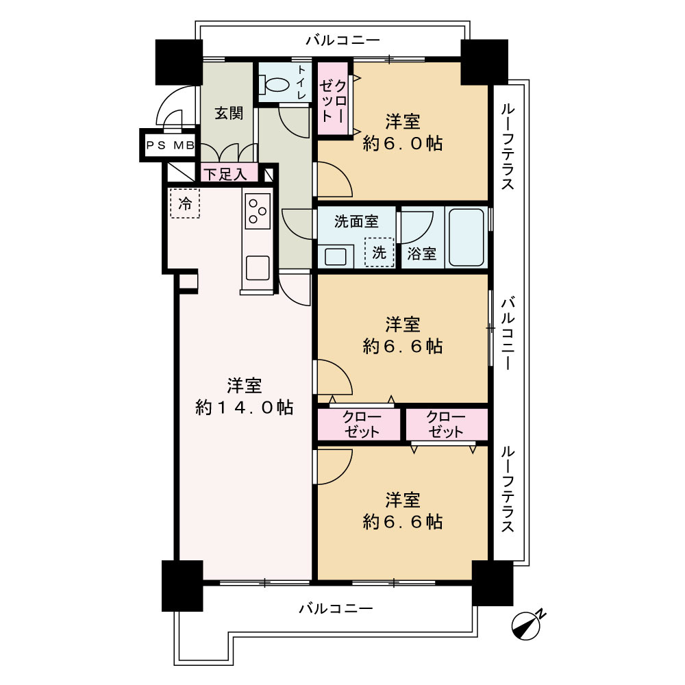 エレガントライフ松戸の間取り|広々14帖のLDKに、全居室6帖以上のゆとりある3LDK。三方角部屋で日当たり・通風良好。2つのルーフテラスとバルコニー付きで、開放感あふれる暮らしが叶います。全居室収納完備で収納も充実。