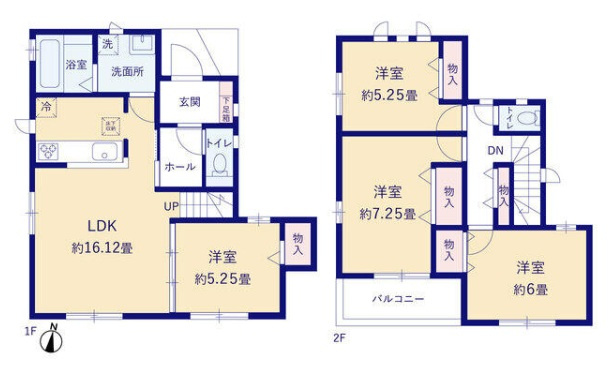 南向きにつき陽当たり良好　魚住町西岡5期　新築8棟　F号棟の間取り