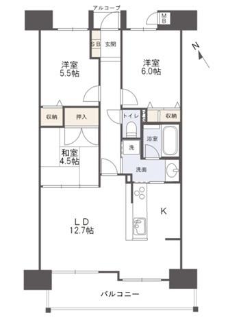 アルファステイツ宝永町桜館の間取り|ＬＤ１２．７帖、K、洋室６．０帖・５．５帖、和室４．５畳の３ＬＤＫの間取りです。