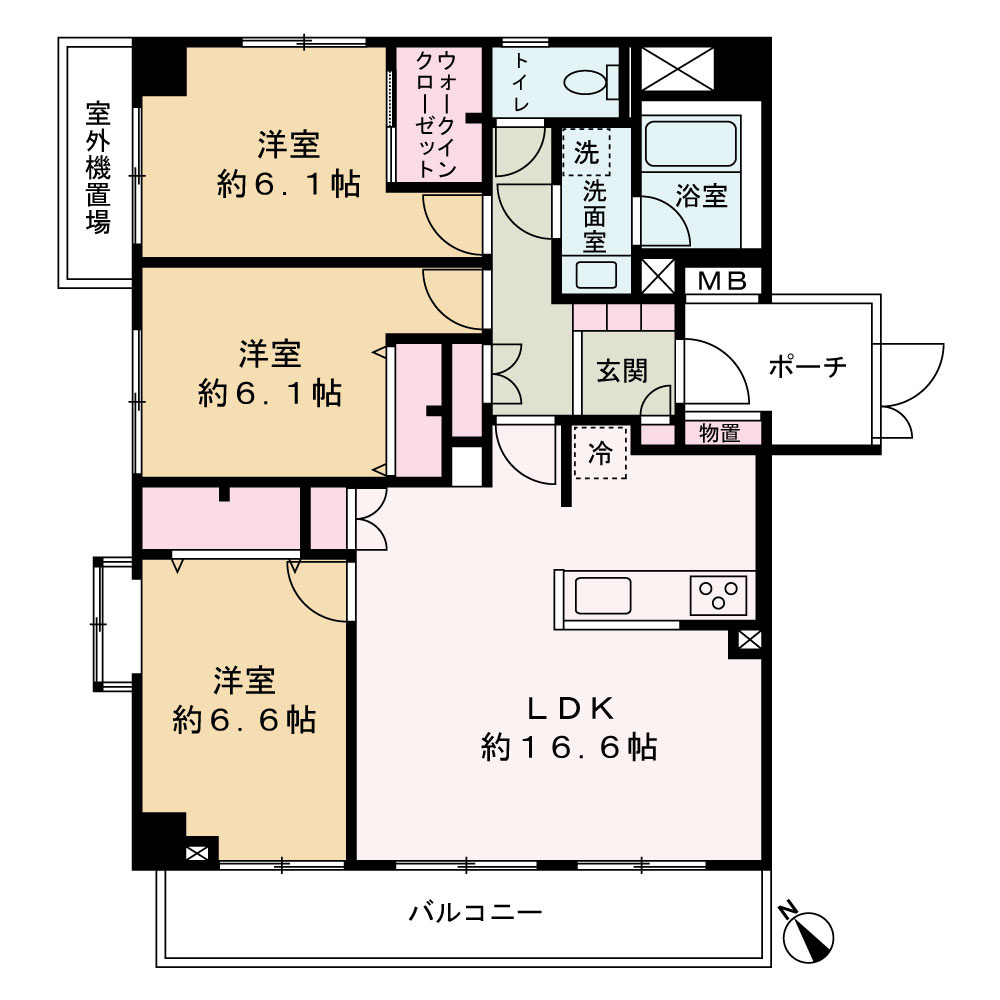 松戸東光マンションの間取り|専有面積79.86㎡の3LDKで、三方角部屋による高い独立性が魅力です。約16.6帖の広々LDKや全居室6帖以上を確保。WICやトランクルーム、玄関ポーチも備えた使い勝手の良い間取りです。