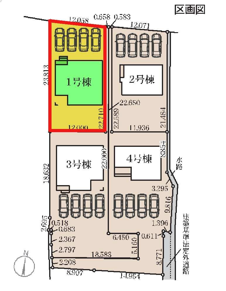新築　藤岡市森第４　Livele Garden.S　１号棟の区画図|1号棟　区画図　北側接道幅員約3.5ｍ　南西接道幅員約2.8
