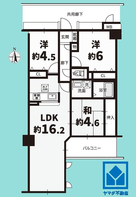 ヴェルビュ西宮北口の間取り|3LDK、専有面積64.02平米、バルコニー面積6.31平米、5階建て1階部分。南向きの専用庭9.75平米付き（使用料月額500円）