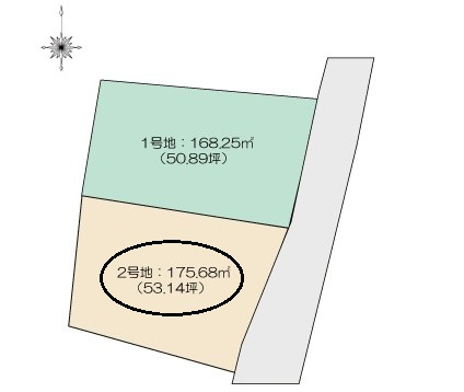 【土地図】 | 自社売地　富士市比奈　全2区画分譲地　2号地 | 2区画分譲地です♪2号地（丸印）は敷地面積50坪超え♪落ち着いた住環境です♪
