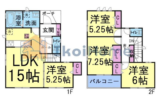 明石市魚住町西岡　F号棟　新築戸建の間取り|【ホームページに現地動画掲載中】●年中無休：当日予約可●南向きLDK15帖の横には5.25帖の洋室