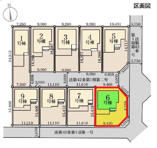 新築　高崎市新町第８　Livele Garden.S　6号棟の区画図|6号棟　区画図　南側接道幅員約5ｍ　東側接道幅員約5.7ｍ
