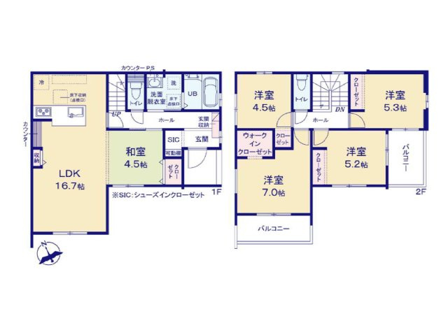 新築　高崎市棟高町1期　1号棟の間取り|建物面積104.62㎡　シューズインクローク・ウォークインクローゼット・各部屋収納付きで便利です！日当たりの良いバルコニーはお洗濯物もよく乾きそうです◎
						
