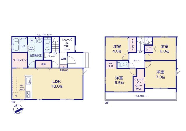 新築　高崎市棟高町1期　3号棟の間取り|建物面積105.16㎡　広々18帖のLDK！シューズインクローク・ユーティリティー・ウォークインクローゼット・各部屋収納付きで便利です！二部屋分の広々バルコニーはたっぷりお洗濯物が干せます！