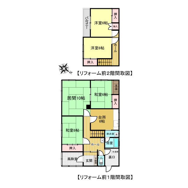 網走市潮見２丁目８番１２号　中古売家の間取り|【リフォーム前間取図】リフォーム前間取図です。4LDK住宅です。1階居間の床の畳は、フローリングに変