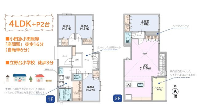 座間市立野台2丁目　新築戸建　全1棟　の間取り|「2階リビング × 勾配天井」高い天井で圧倒的な開放感あり♪
洗面室に「ファミリークローク」とガス乾燥機「乾太くん」を備えた家事ラク動線！