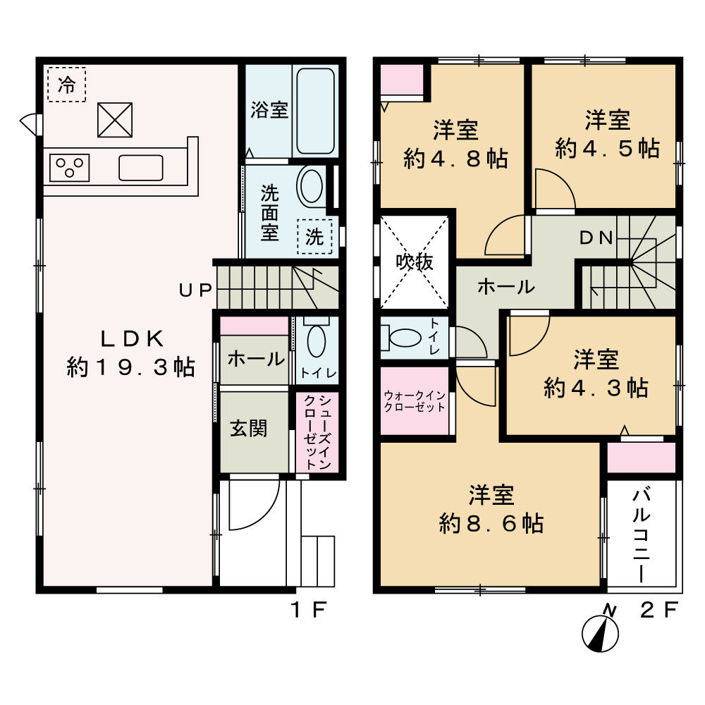 松戸市緑ヶ丘2期の間取り|1階は水回りが集約され家事動線が良く、LDKは3面採光で明るい空間です。2階には独立した洋室が4部屋あり、全室収納付き。玄関のSICなど収納力も高く、使い勝手の良い間取りです。
